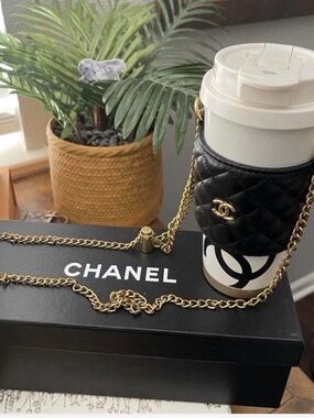 CHANEL Black Quilted Leather Mini Cup Holder with Gold Chain